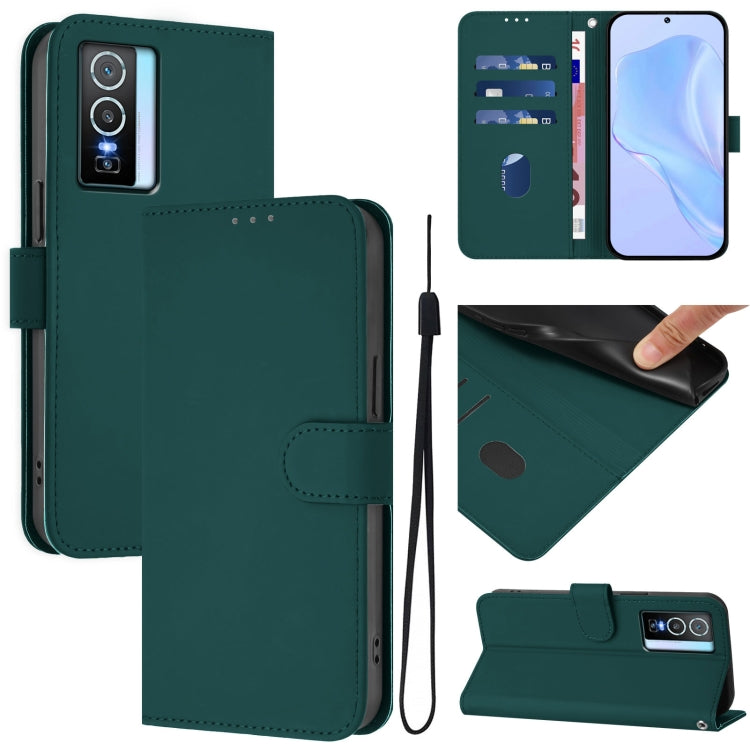 Skin Feel Solid Color Leather Phone Case with Lanyard, For vivo Y33S 4G Global / Y21 2021, For vivo Y76 5G