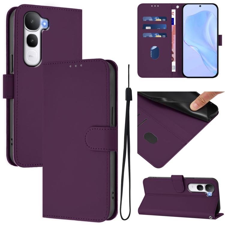 Skin Feel Solid Color Leather Phone Case with Lanyard, For vivo Y31 5G Global, For vivo Y400 4G