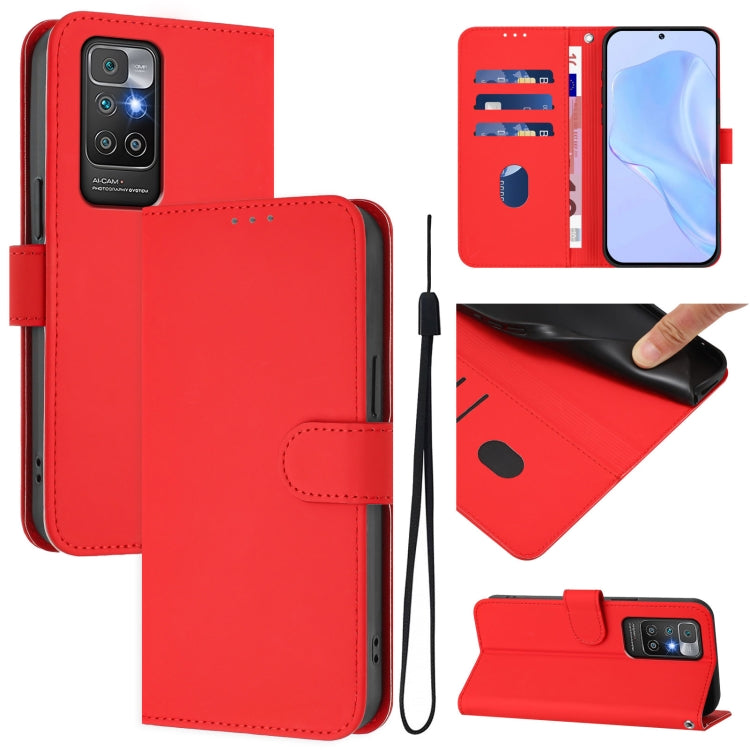 Skin Feel Solid Color Leather Phone Case with Lanyard, For Redmi 10A, For Redmi 10 4G 2021 Global