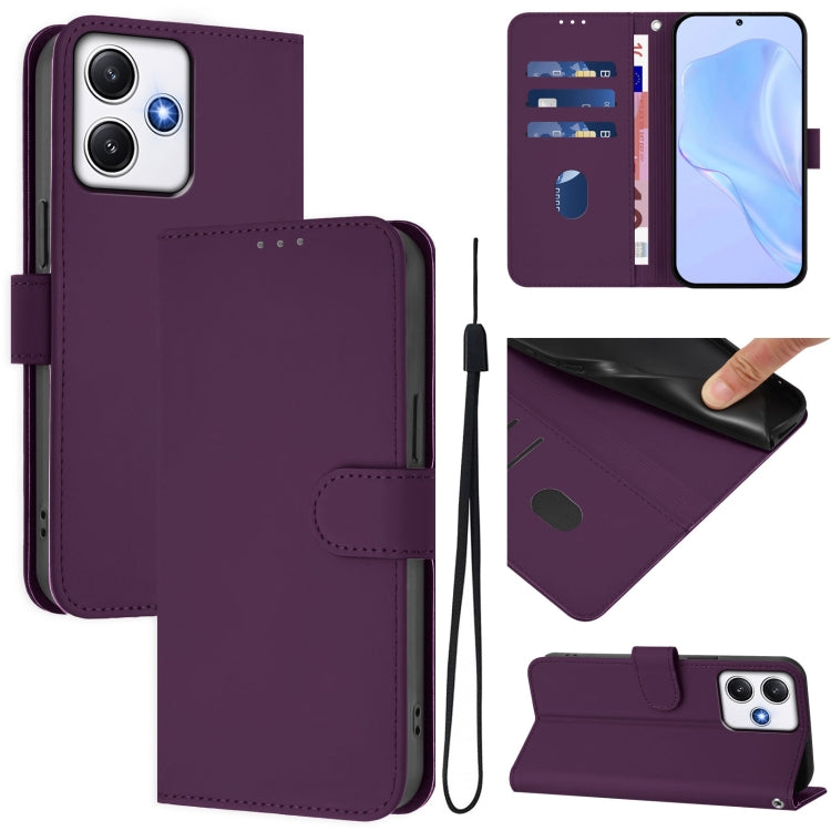 Skin Feel Solid Color Leather Phone Case with Lanyard, For Redmi 12 4G Global / Note 12R, For Redmi Note 11T Pro+ 5G