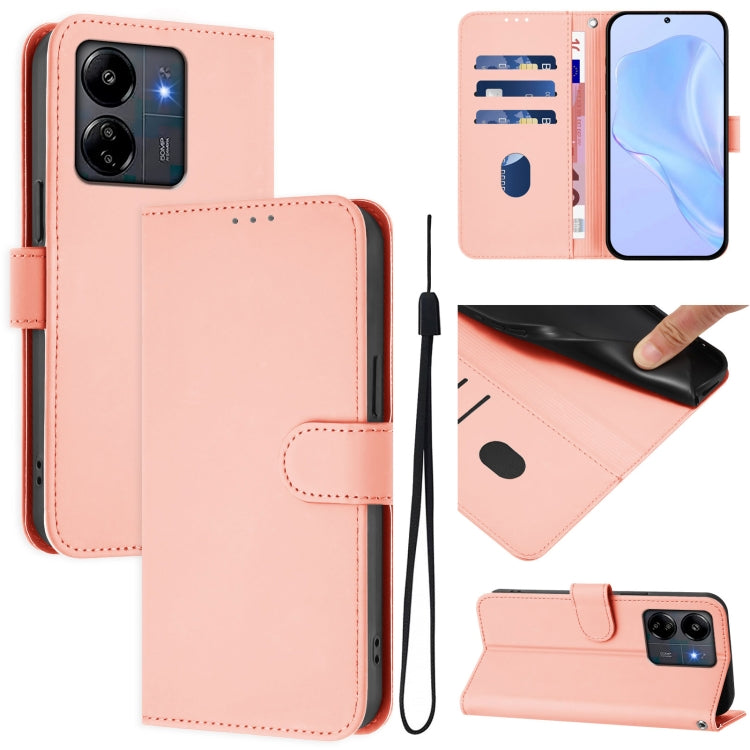 Skin Feel Solid Color Leather Phone Case with Lanyard, For Redmi Note 13 Pro 4G Global, For Redmi 13C 4G Global