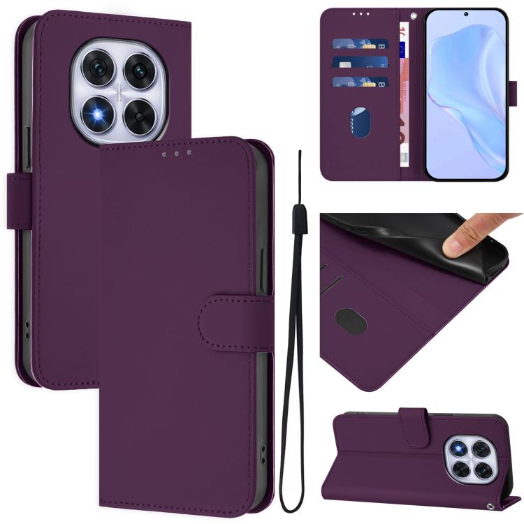 Skin Feel Solid Color Leather Phone Case with Lanyard, For Redmi Note 14 Pro 4G, For Redmi Note 14 4G 163.25mm