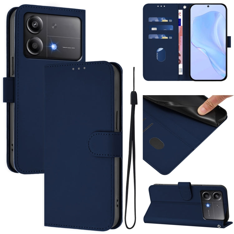 Skin Feel Solid Color Leather Phone Case with Lanyard, For Xiaomi Poco M6 Pro 4G, For Xiaomi Poco X6 Neo 5G Global