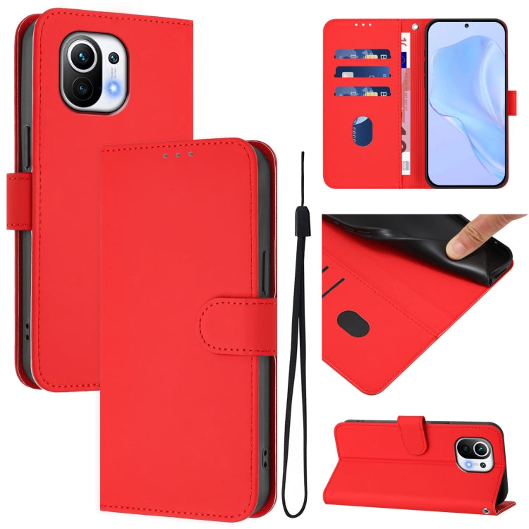 Skin Feel Solid Color Leather Phone Case with Lanyard, For Xiaomi Mi 11