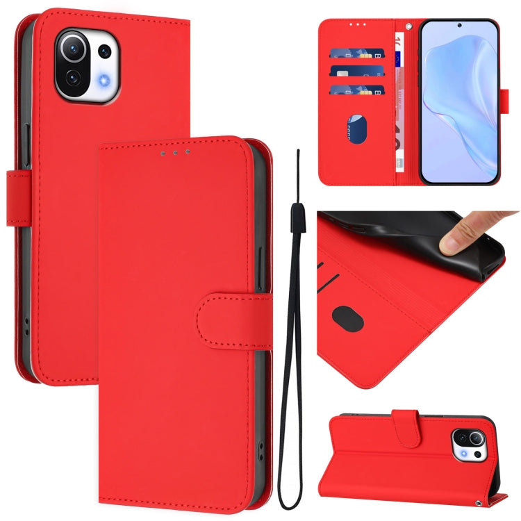 Skin Feel Solid Color Leather Phone Case with Lanyard, For Xiaomi Poco X4 Pro 5G, For Xiaomi Mi 11 Lite 5G