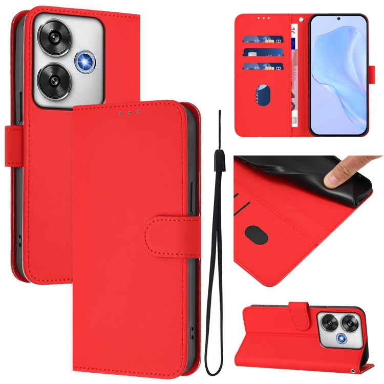 Skin Feel Solid Color Leather Phone Case with Lanyard, For Xiaomi Poco C61 4G Global, For Xiaomi Poco F6 5G