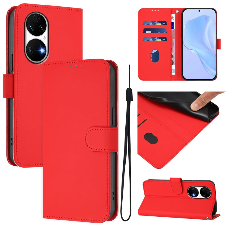Skin Feel Solid Color Leather Phone Case with Lanyard, For Huawei P50