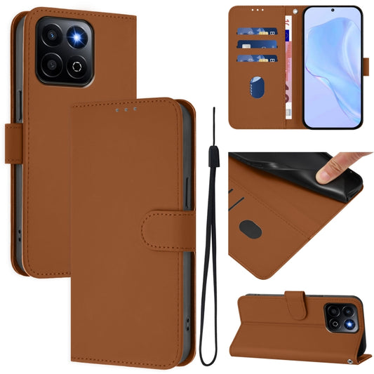 Skin Feel Solid Color Leather Phone Case with Lanyard, For Honor 200 Smart, For Honor X6b 4G