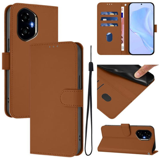 Skin Feel Solid Color Leather Phone Case with Lanyard, For Honor 300, For Honor X9C 5G Global