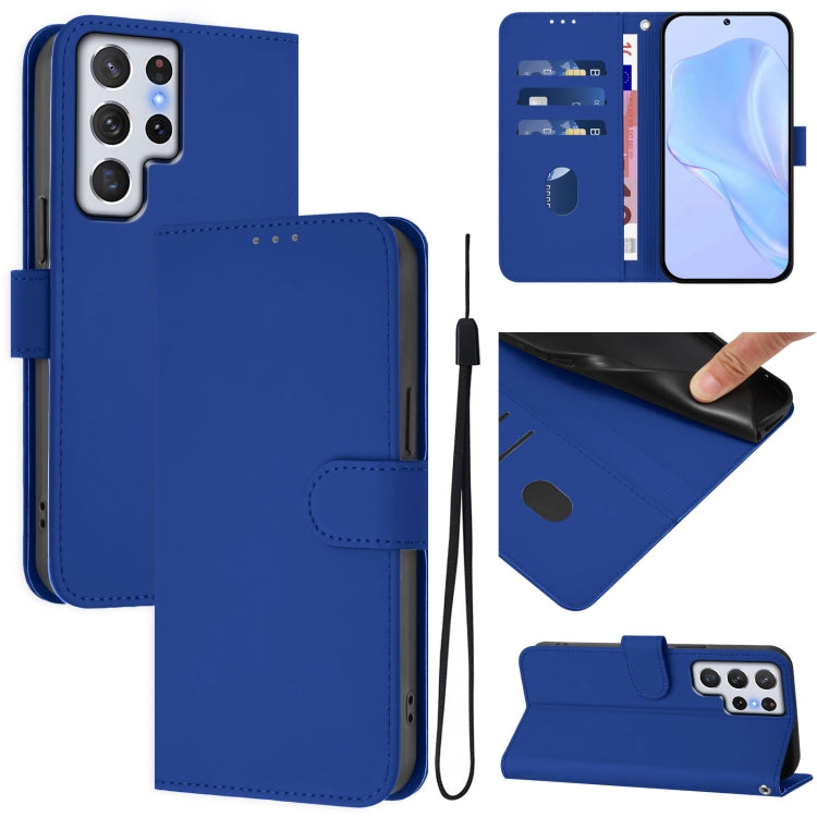 Skin Feel Solid Color Leather Phone Case with Lanyard, For Samsung Galaxy S22 Ultra 5G, For Samsung Galaxy S22+ 5G