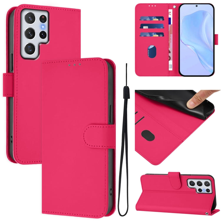 Skin Feel Solid Color Leather Phone Case with Lanyard, For Samsung Galaxy S22 Ultra 5G, For Samsung Galaxy S22+ 5G