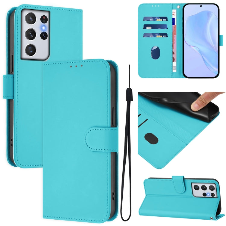 Skin Feel Solid Color Leather Phone Case with Lanyard, For Samsung Galaxy S21 Ultra 5G