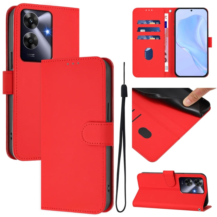Skin Feel Solid Color Leather Phone Case with Lanyard, For Realme C63 Global, For Realme 12+ 5G Global