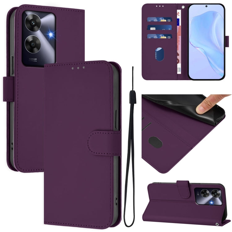 Skin Feel Solid Color Leather Phone Case with Lanyard, For Realme Note 60 4G Global, For Realme 13+ 5G Global
