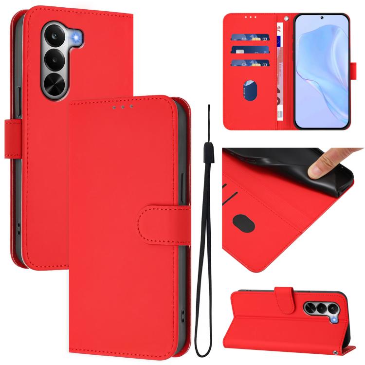 Skin Feel Solid Color Leather Phone Case with Lanyard, For Realme P4x 5G, For Realme C71 4G India