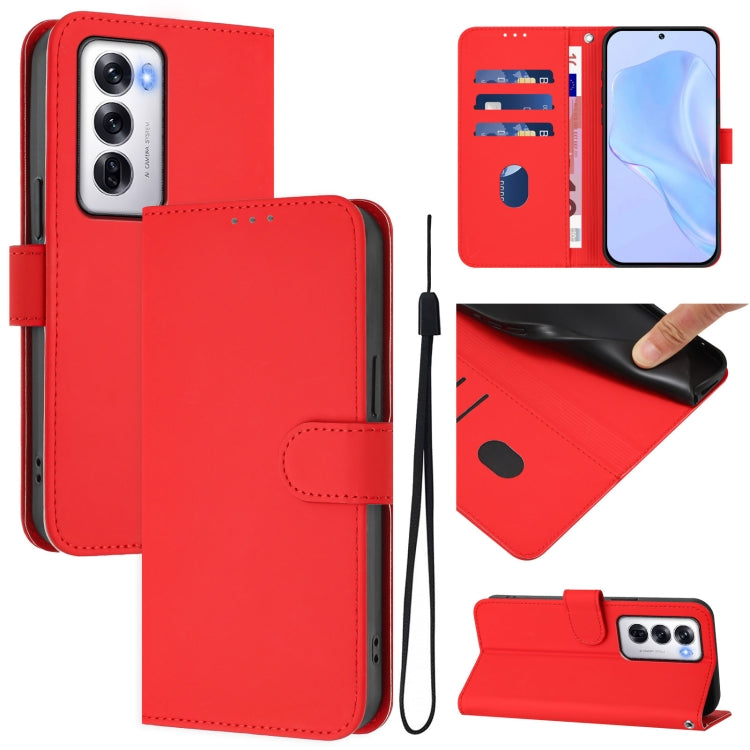 Skin Feel Solid Color Leather Phone Case with Lanyard, For OPPO Reno12 Pro 5G Global, For OPPO Reno12 5G Global