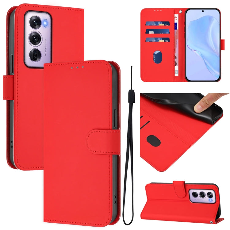 Skin Feel Solid Color Leather Phone Case with Lanyard, For OPPO Reno12 Pro 5G Global, For OPPO Reno12 5G Global