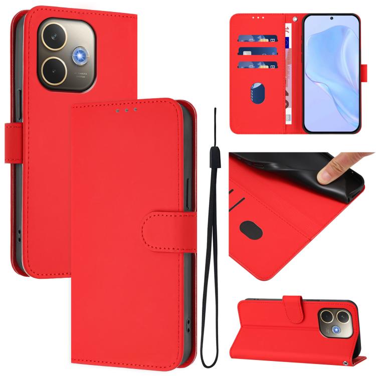 Skin Feel Solid Color Leather Phone Case with Lanyard, For OPPO A5 Pro 5G Global, For OPPO Reno13 F 4G India/Reno13 A