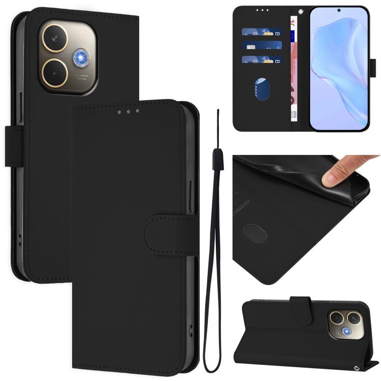 Skin Feel Solid Color Leather Phone Case with Lanyard, For OPPO A5 Pro 5G Global, For OPPO Reno13 F 4G India/Reno13 A