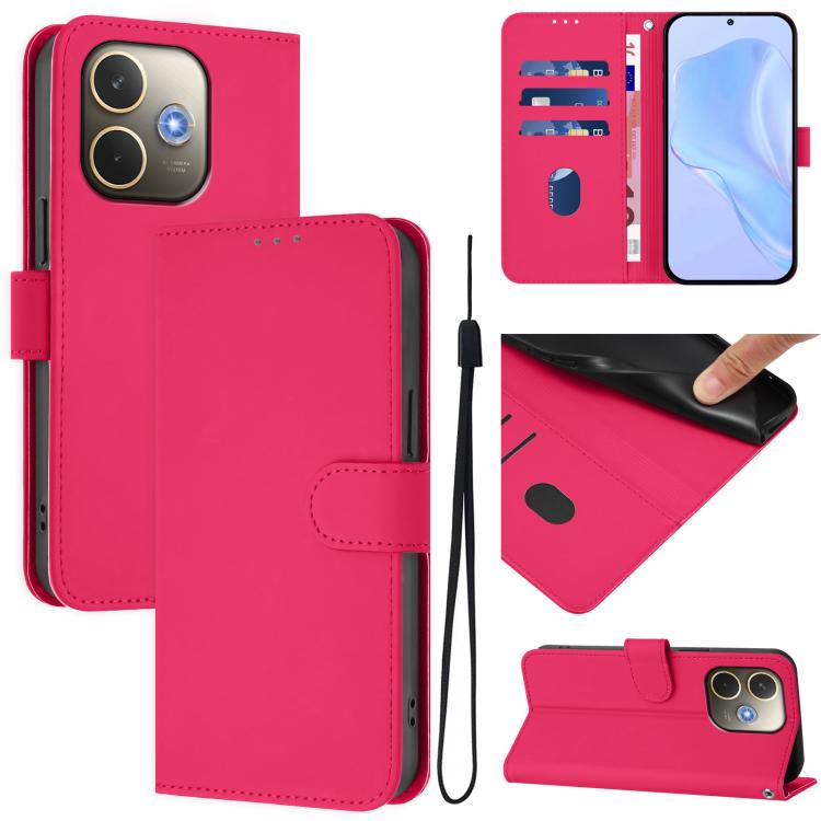 Skin Feel Solid Color Leather Phone Case with Lanyard, For OPPO A5 Pro 5G Global, For OPPO Reno13 F 4G India/Reno13 A