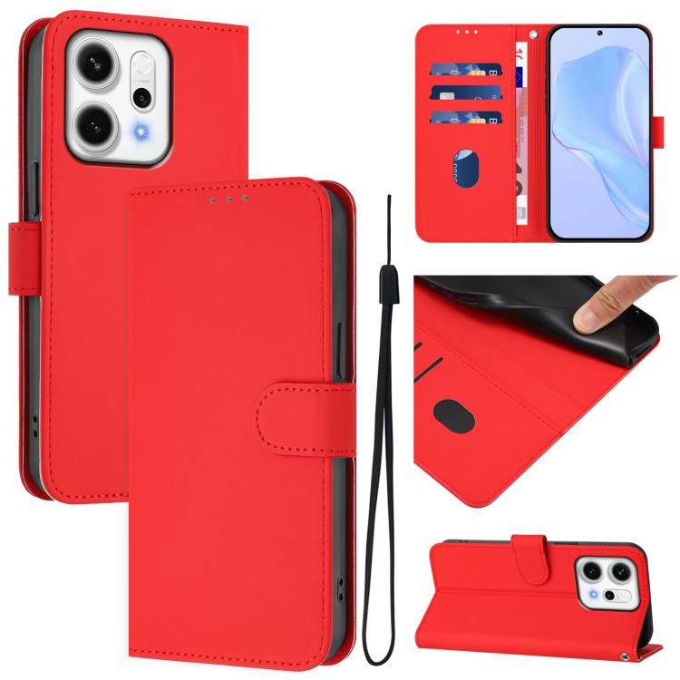 Skin Feel Solid Color Leather Phone Case with Lanyard, For OPPO Reno14 Pro 5G Global, For OPPO Reno14 5G Global