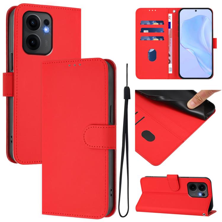 Skin Feel Solid Color Leather Phone Case with Lanyard, For OPPO A5 Pro 5G Global, For OPPO Reno13 F 4G India/Reno13 A