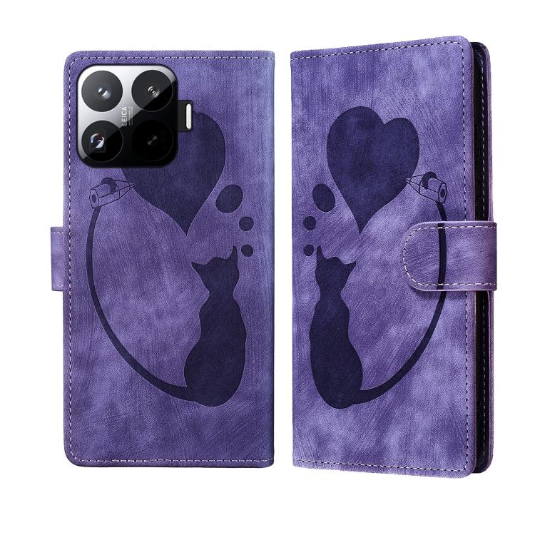 Pen Heart Cat Embossed Leather Phone Case, For Xiaomi 17T Pro 5G, For Xiaomi 17T 5G, For Xiaomi 15T Pro 5G, For Xiaomi 15T 5G, For Xiaomi Poco C75, For Xiaomi 14T Pro, For Xiaomi 14T