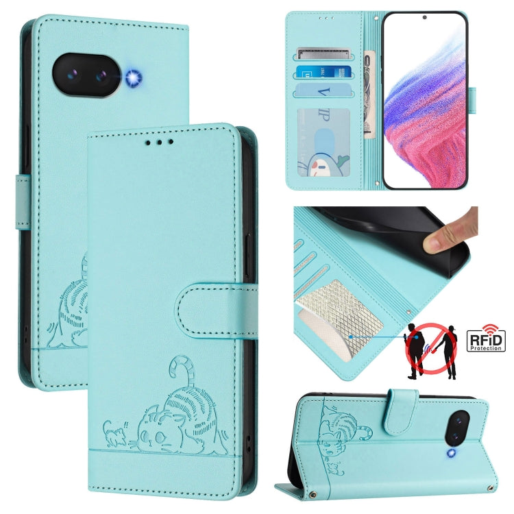 Cat Rat Embossed Pattern RFID Leather Phone Case with Lanyard, For Google Pixel 11 Pro XL, For Google Pixel 11 Pro / 11, For Google Pixel 10 Pro XL 5G Global, For Google Pixel 10 5G Global, For Google Pixel 9a