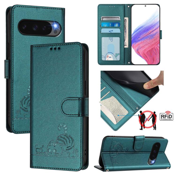 Cat Rat Embossed Pattern RFID Leather Phone Case with Lanyard, For Google Pixel 11 Pro XL, For Google Pixel 11 Pro / 11, For Google Pixel 10 Pro XL 5G Global, For Google Pixel 10 5G Global, For Google Pixel 9a