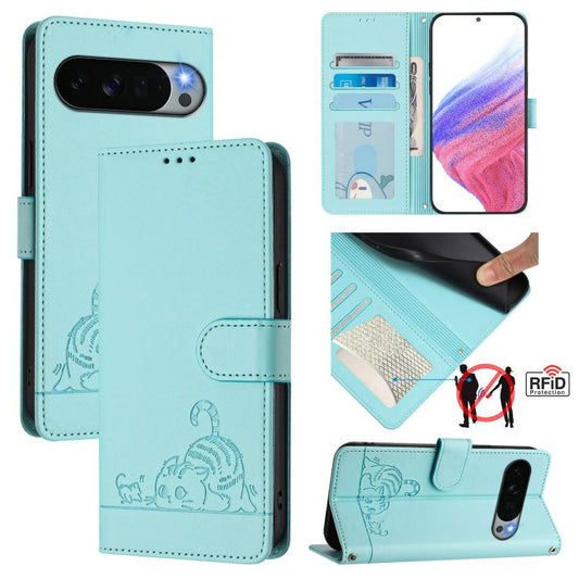 Cat Rat Embossed Pattern RFID Leather Phone Case with Lanyard, For Google Pixel 11 Pro XL, For Google Pixel 11 Pro / 11, For Google Pixel 10 Pro XL 5G Global, For Google Pixel 10 5G Global, For Google Pixel 9a