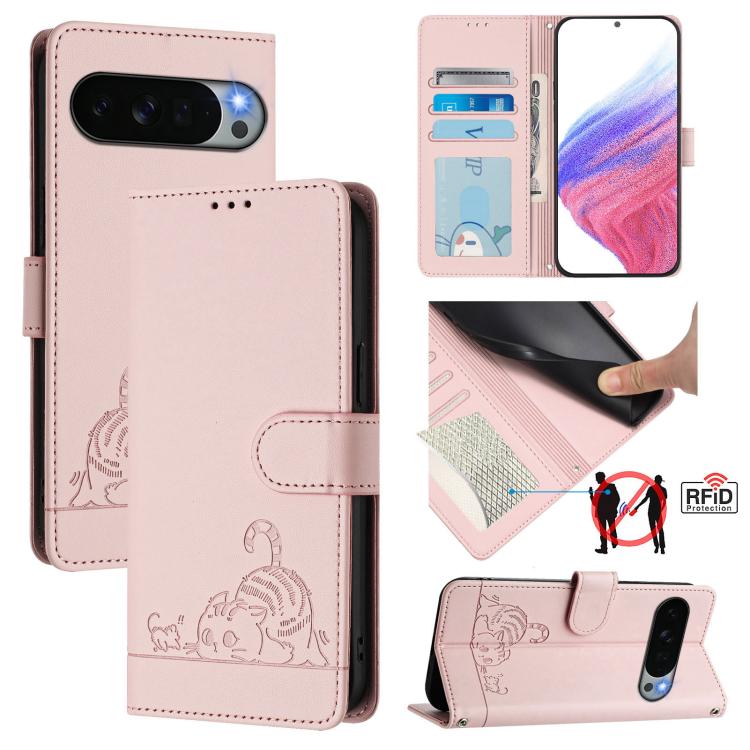 Cat Rat Embossed Pattern RFID Leather Phone Case with Lanyard, For Google Pixel 11 Pro XL, For Google Pixel 11 Pro / 11, For Google Pixel 10 Pro XL 5G Global, For Google Pixel 10 5G Global, For Google Pixel 9a