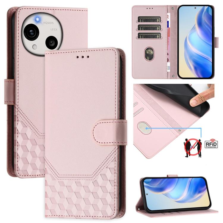 Honeycomb Embossing RFID Leather Phone Case, For Sharp Aquos wish6, For Sharp Aquos R11, For Sharp Aquos Sense10, For Sharp Basio Active3, For Sharp Aquos Sense9 Plus, For Sharp Aquos Sense9, For Sharp Aquos R9 Pro, For Sharp Aquos Wish 4