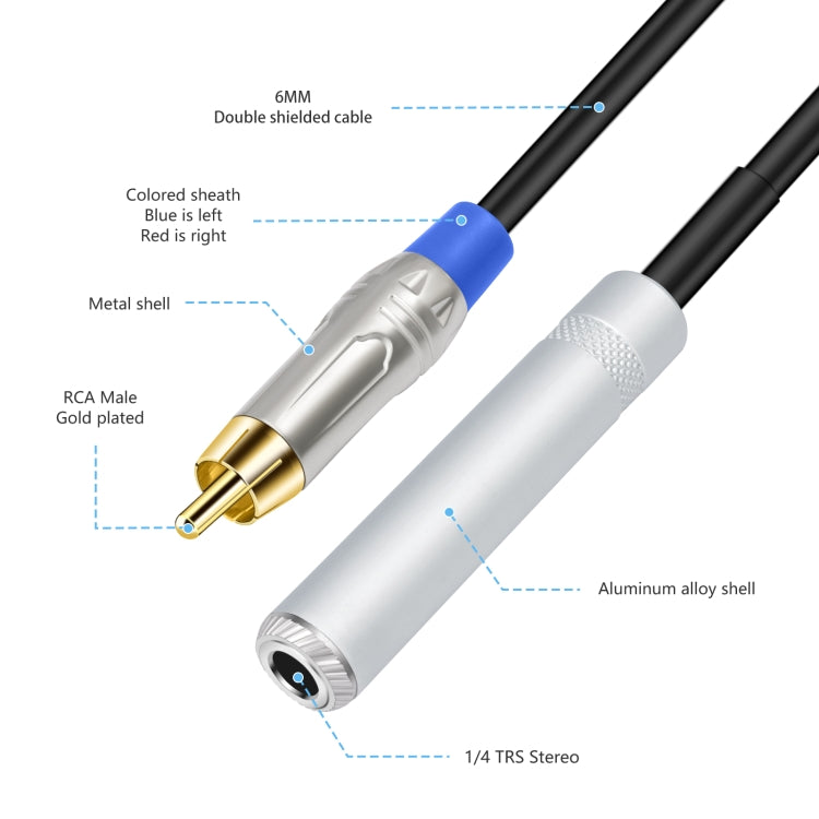 6.35mm 1/4 TRS Stereo Female to Dual RCA Male Y-type Audio Cable, 6.35mm F to 2 RCA