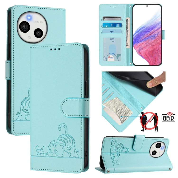 Cat Rat Embossed Pattern RFID Leather Phone Case with Lanyard, For Sharp Aquos wish6, For Sharp Aquos R11, For Sharp Aquos Sense10, For Sharp Basio Active 3, For Sharp Aquos Sense9 Plus, For Sharp Aquos Sense9, For Sharp Aquos R9 Pro                   ...