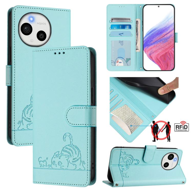 Cat Rat Embossed Pattern RFID Leather Phone Case with Lanyard, For Sharp Aquos wish6, For Sharp Aquos R11, For Sharp Aquos Sense10, For Sharp Basio Active 3, For Sharp Aquos Sense9 Plus, For Sharp Aquos Sense9, For Sharp Aquos R9 Pro                   ...