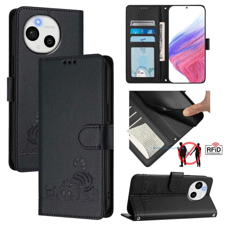 Cat Rat Embossed Pattern RFID Leather Phone Case with Lanyard, For Sharp Aquos wish6, For Sharp Aquos R11, For Sharp Aquos Sense10, For Sharp Basio Active 3, For Sharp Aquos Sense9 Plus, For Sharp Aquos Sense9, For Sharp Aquos R9 Pro                   ...