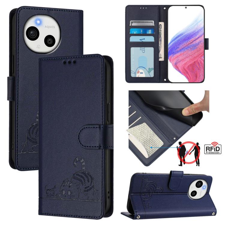 Cat Rat Embossed Pattern RFID Leather Phone Case with Lanyard, For Sharp Aquos wish6, For Sharp Aquos R11, For Sharp Aquos Sense10, For Sharp Basio Active 3, For Sharp Aquos Sense9 Plus, For Sharp Aquos Sense9, For Sharp Aquos R9 Pro                   ...