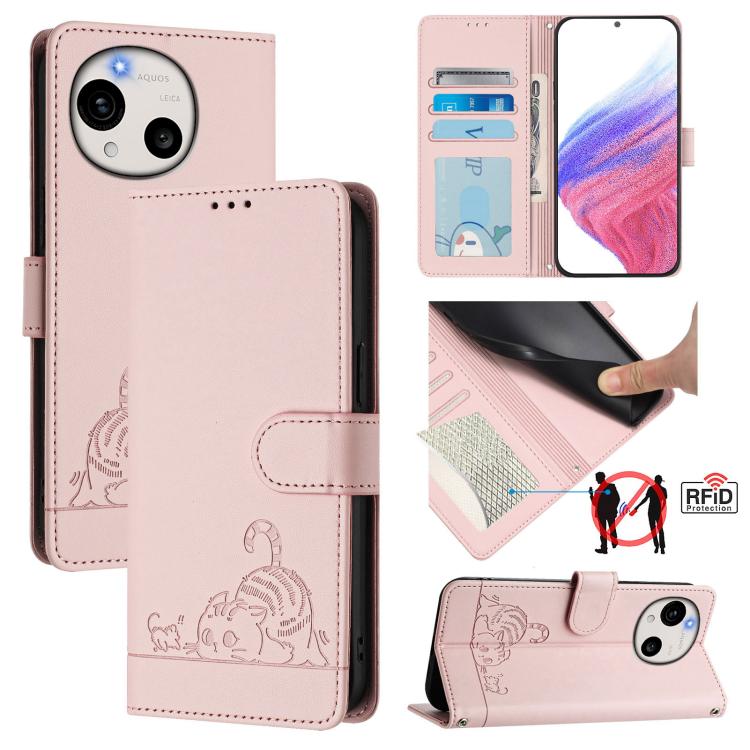 Cat Rat Embossed Pattern RFID Leather Phone Case with Lanyard, For Sharp Aquos wish6, For Sharp Aquos R11, For Sharp Aquos Sense10, For Sharp Basio Active 3, For Sharp Aquos Sense9 Plus, For Sharp Aquos Sense9, For Sharp Aquos R9 Pro                   ...