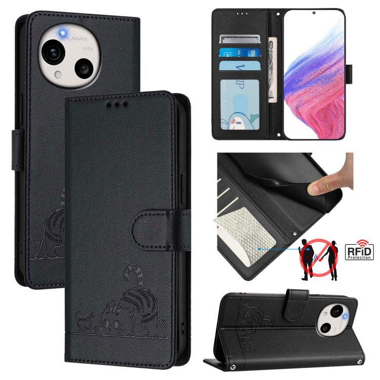 Cat Rat Embossed Pattern RFID Leather Phone Case with Lanyard, For Sharp Aquos wish6, For Sharp Aquos R11, For Sharp Aquos Sense10, For Sharp Basio Active 3, For Sharp Aquos Sense9 Plus, For Sharp Aquos Sense9, For Sharp Aquos R9 Pro                   ...