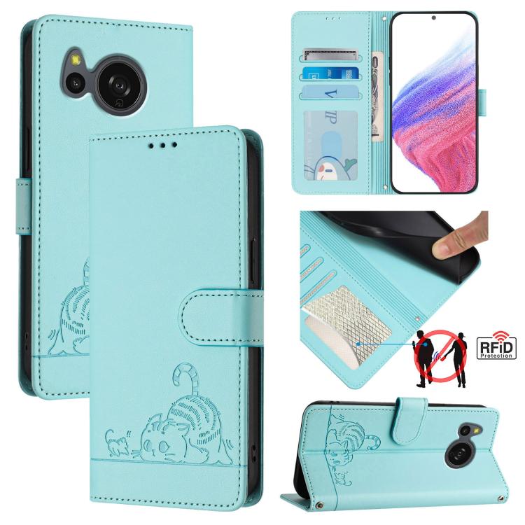 Cat Rat Embossed Pattern RFID Leather Phone Case with Lanyard, For Sharp Aquos wish6, For Sharp Aquos R11, For Sharp Aquos Sense10, For Sharp Basio Active 3, For Sharp Aquos Sense9 Plus, For Sharp Aquos Sense9, For Sharp Aquos R9 Pro                   ...