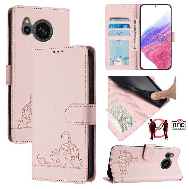 Cat Rat Embossed Pattern RFID Leather Phone Case with Lanyard, For Sharp Aquos wish6, For Sharp Aquos R11, For Sharp Aquos Sense10, For Sharp Basio Active 3, For Sharp Aquos Sense9 Plus, For Sharp Aquos Sense9, For Sharp Aquos R9 Pro                   ...