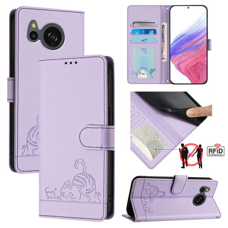 Cat Rat Embossed Pattern RFID Leather Phone Case with Lanyard, For Sharp Aquos wish6, For Sharp Aquos R11, For Sharp Aquos Sense10, For Sharp Basio Active 3, For Sharp Aquos Sense9 Plus, For Sharp Aquos Sense9, For Sharp Aquos R9 Pro                   ...