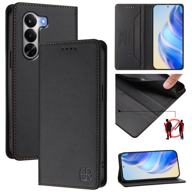 RC01 Dual-Folded Magnetic Suction RFID Leather Phone Case, For Realme P4x / OnePlus CE6 Lite, For Realme 16T 5G, For Realme P4 Power 5G, For Realme Note 80 4G Global, For Realme 16 5G Global, For Realme 16 Pro+ 5G Global