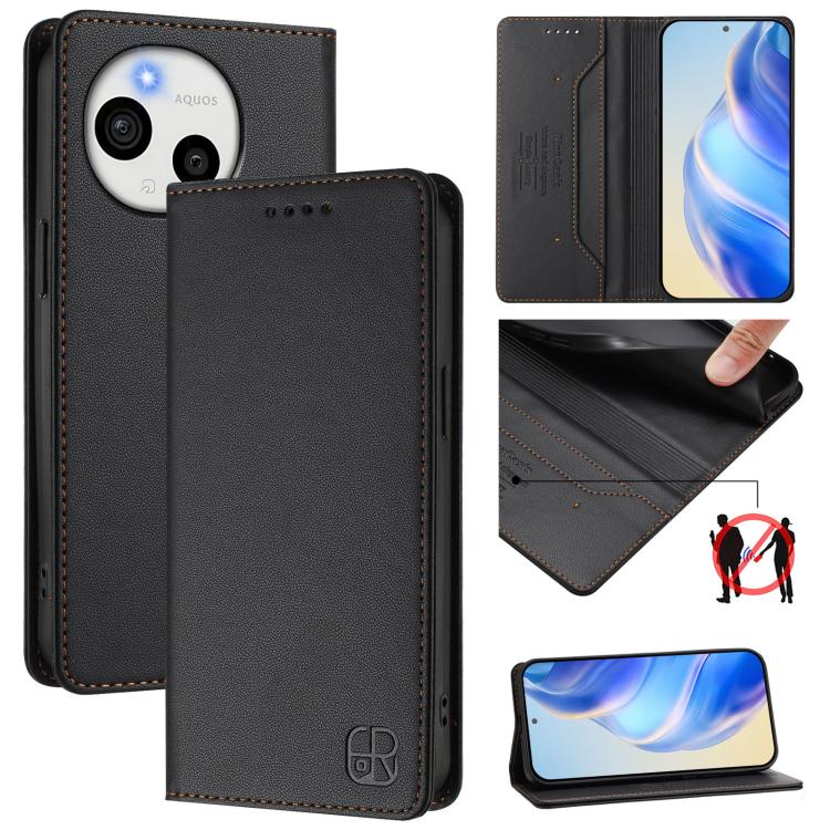 RC01 Dual-Folded Magnetic Suction RFID Leather Phone Case, For Sharp Aquos wish6, For Sharp Aquos R11, For Sharp Aquos Sense10, For Sharp Basio Active3, For Sharp Aquos Sense9 Plus, For Sharp Aquos Sense9
