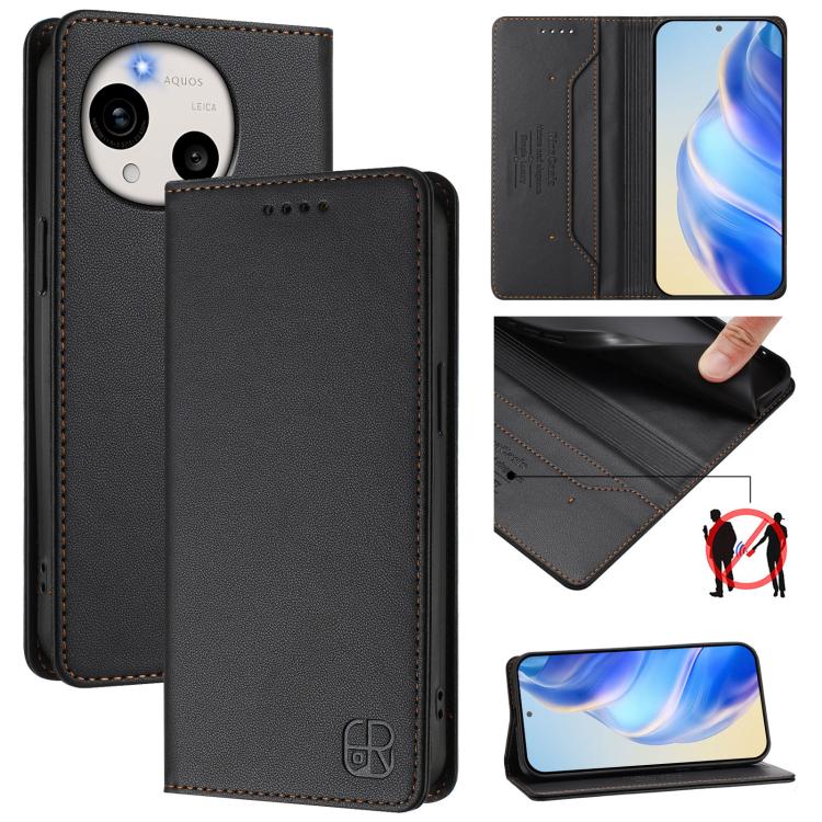 RC01 Dual-Folded Magnetic Suction RFID Leather Phone Case, For Sharp Aquos wish6, For Sharp Aquos R11, For Sharp Aquos Sense10, For Sharp Basio Active3, For Sharp Aquos Sense9 Plus, For Sharp Aquos Sense9