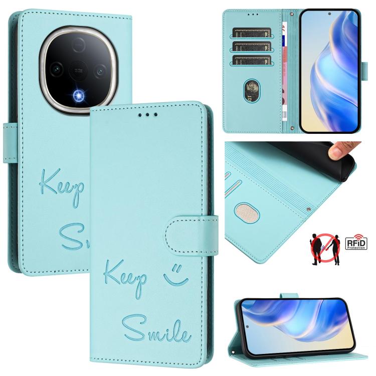 Smile Embossing RFID Leather Phone Case, For vivo V50 Lite 5G, For vivo Y29s 5G / Y04 4G Global, For vivo Y29 4G Global, For vivo V50 5G Global, For vivo Y300 5G