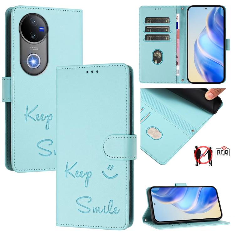 Smile Embossing RFID Leather Phone Case, For vivo V50 Lite 5G, For vivo Y29s 5G / Y04 4G Global, For vivo Y29 4G Global, For vivo V50 5G Global, For vivo Y300 5G
