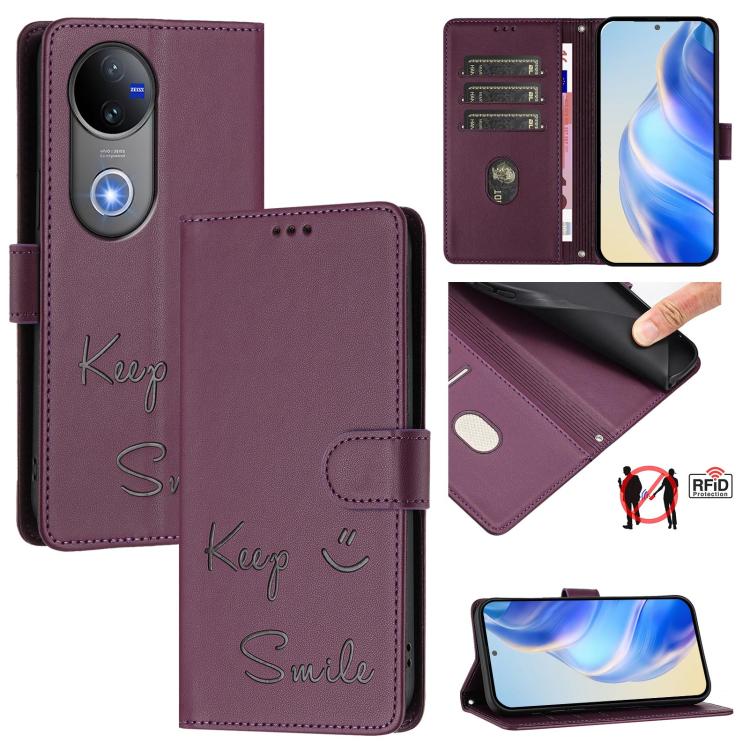 Smile Embossing RFID Leather Phone Case, For vivo V50 Lite 5G, For vivo Y29s 5G / Y04 4G Global, For vivo Y29 4G Global, For vivo V50 5G Global, For vivo Y300 5G