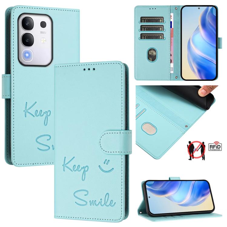 Smile Embossing RFID Leather Phone Case, For vivo V50 Lite 5G, For vivo Y29s 5G / Y04 4G Global, For vivo Y29 4G Global, For vivo V50 5G Global, For vivo Y300 5G