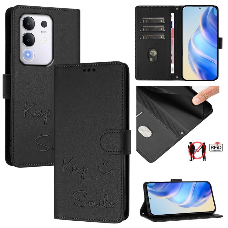Smile Embossing RFID Leather Phone Case, For vivo V50 Lite 5G, For vivo Y29s 5G / Y04 4G Global, For vivo Y29 4G Global, For vivo V50 5G Global, For vivo Y300 5G